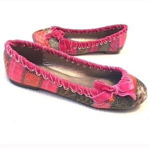 🆕 Pink patchwork velvet trim round toe slip on colorful animal print flats 6
